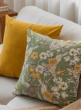 SAMS轻奢抱枕法式复古风橄榄绿姜黄色植物印花靠垫套客厅沙发靠枕