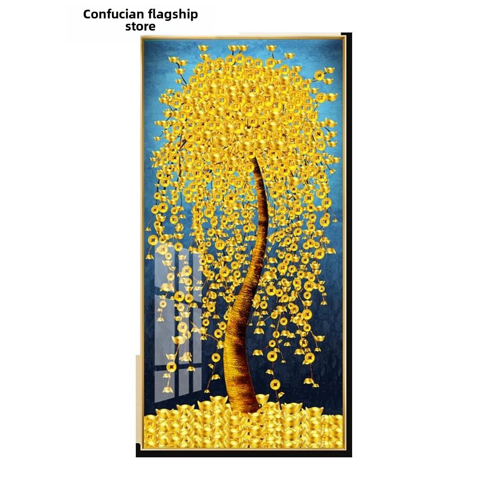 定做晶瓷画入户玄画竖版摇关钱发财树招饰财风水进门挂画走廊过道