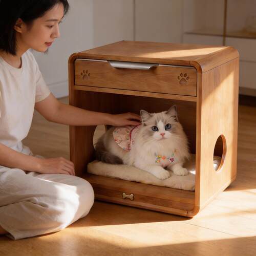 实木床头柜猫窝一体收纳柜简约现代卧室宠物床头柜人宠共用家具
