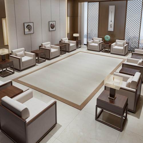 新中式贵宾接待沙发茶几组合会议室办公会客洽谈单人位实木皮沙发