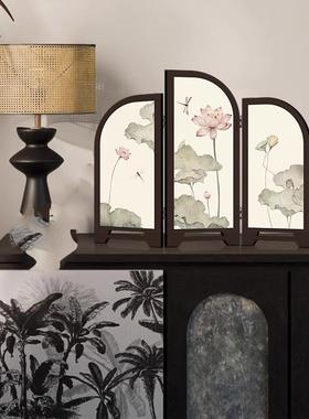新中式小屏风桌面摆件覆古国风装饰画茶室家居边柜斗柜摆画新款