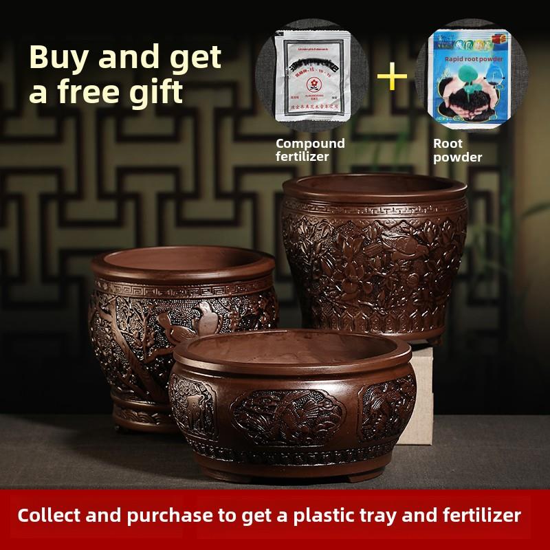 宜兴紫砂彷古浮雕花盆吊兰君子兰绿萝花卉绿植特大号陶瓷花盆景盆