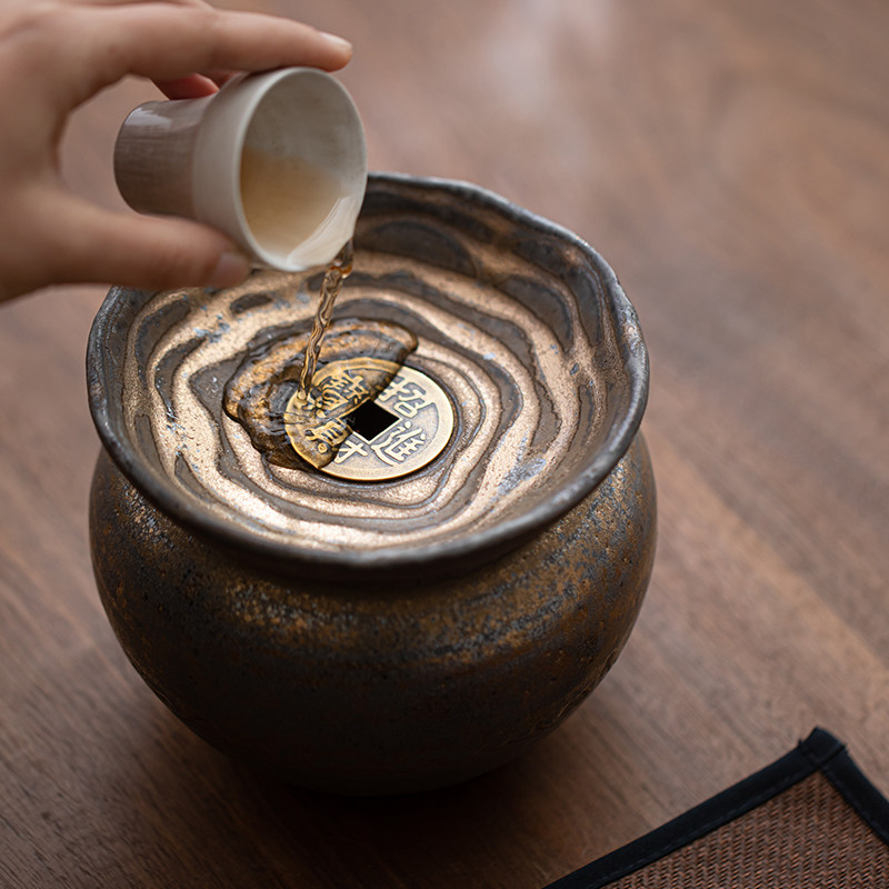 鎏金铜钱茶渣缸陶瓷覆古茶桌建水茶洗水盂茶道配件茶台废茶水缸桶