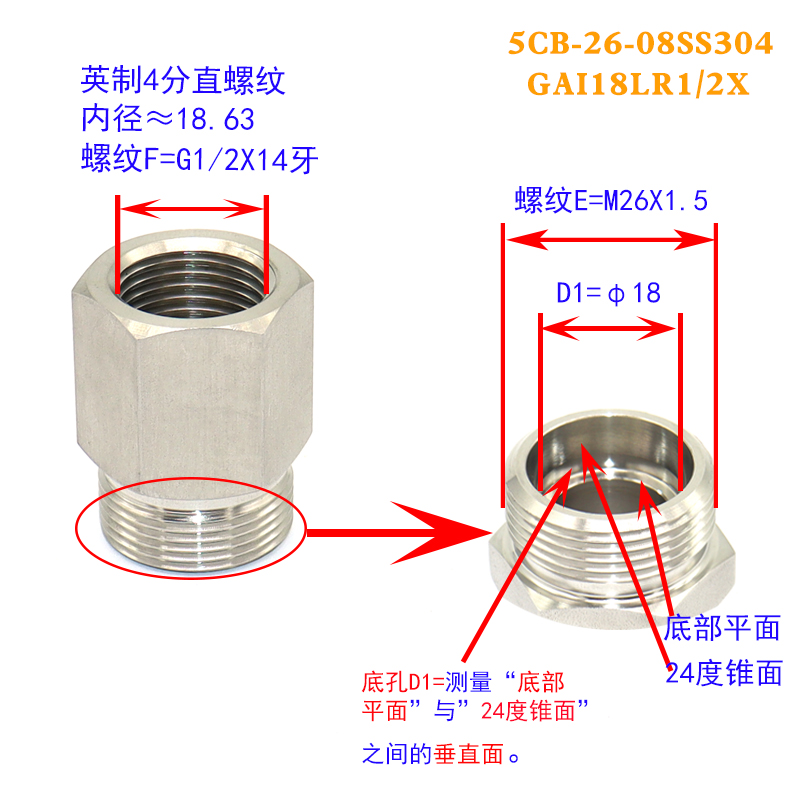 5CB不锈钢公制外螺纹卡套/转英管内螺纹油管压力表接头油管GAI