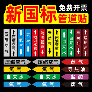 新国标管道标识流向箭头贴纸标识贴工业工厂车间消防水管压缩空气介质酸碱标识牌指示牌回水标签胶带定制定做