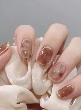 mmuse家-纯手工冰茶花贴片成品奶咖晕染冰透春穿戴甲指甲片