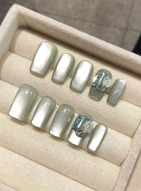 mmuse家-碧玉山茶纯手工穿戴甲碧玉色猫眼立体花朵氛围感带钻甲片