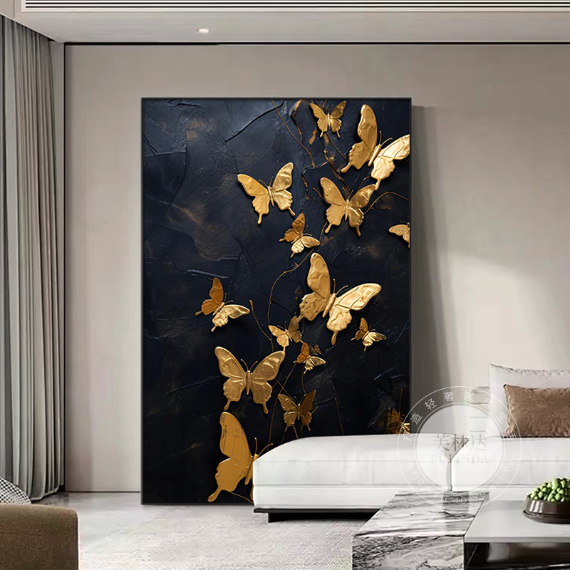 现代轻奢客厅装饰画金色蝴蝶高档沙发背景墙挂画高级感肌理砂岩画图片