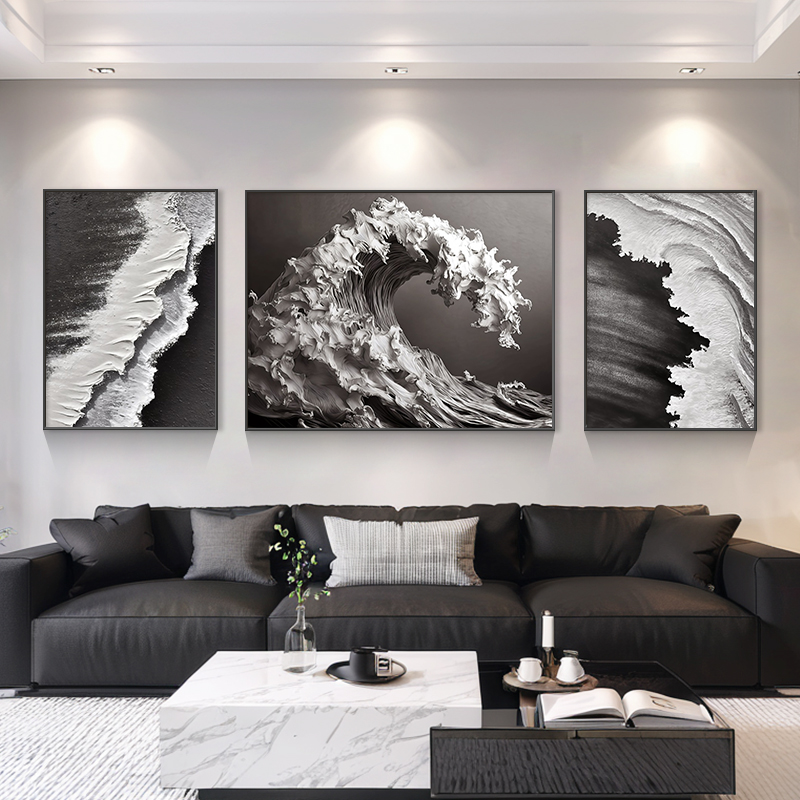 高级感客厅装饰画抽象海浪沙发背景墙挂画黑白灰三联壁画2025新款