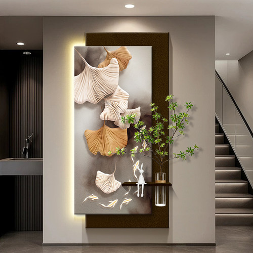 银杏叶玄关装饰画高级感带灯画