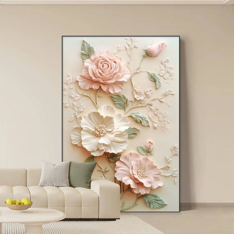 奶油风客厅沙发背景墙装饰画抽象艺术壁画花卉砂岩画卧室玄关挂画图片