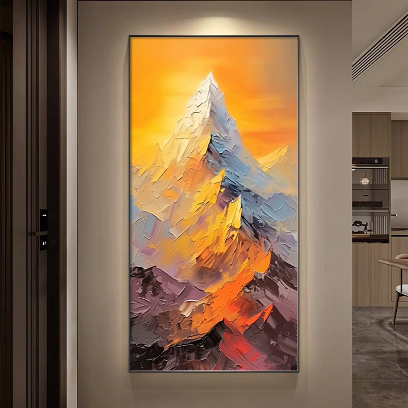 轻奢入户正对门玄关装饰画日照金山高级感走廊过道挂画肌理砂岩画