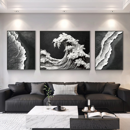 客厅装饰画抽象海浪三联画