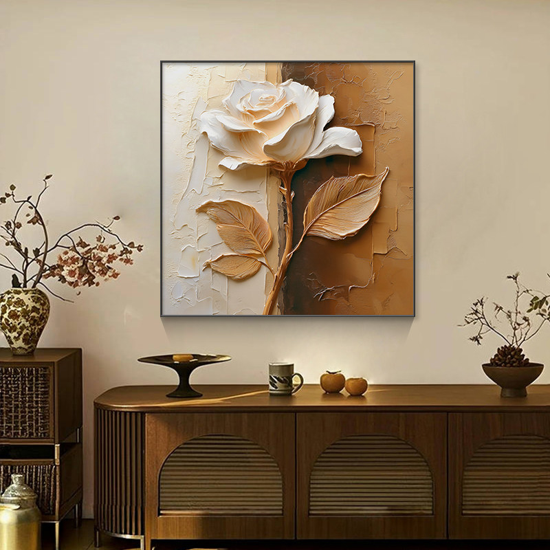 现代简约餐厅装饰画抽象艺术玫瑰花砂岩画正方形饭厅壁画卧室挂画