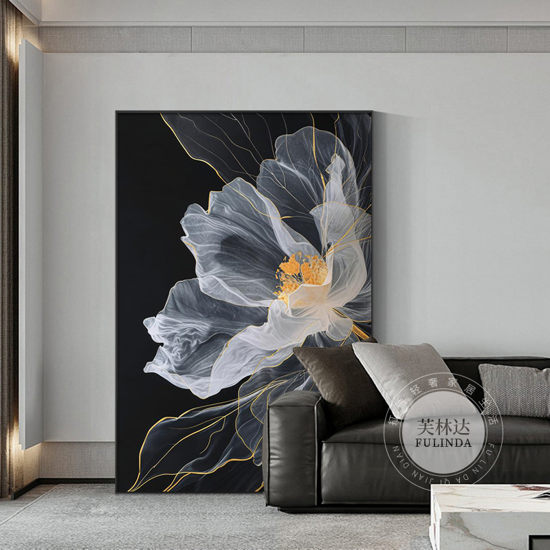 现代轻奢客厅装饰画高级感花卉竖版沙发背景墙挂画大气高档砂岩画图片
