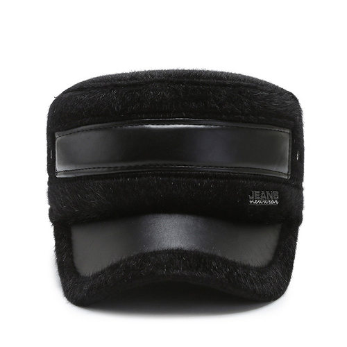 帽子冬季中老年男士帽加绒护耳仿貂毛平顶帽休闲老人防寒保暖棉帽