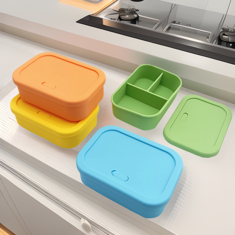 方形三格硅胶饭盒儿童学生上班族成人硅胶便当盒食品级微波炉加热