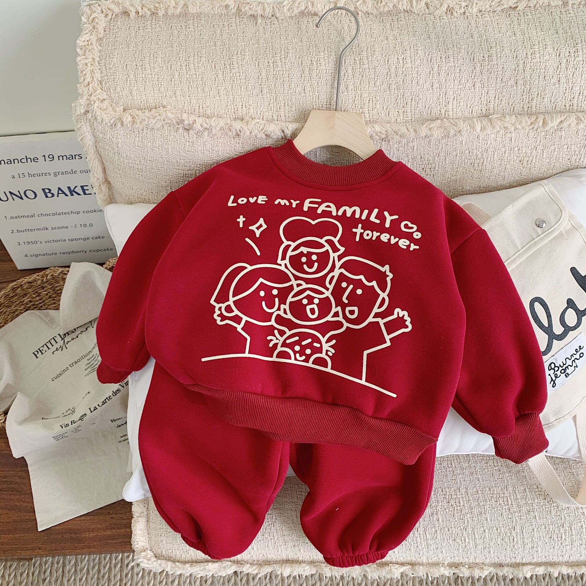 儿童加厚加绒卫衣套装男女童红色喜庆新年服小童冬装宝宝过年衣服