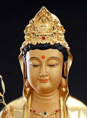 热销纯铜贴金观音菩萨家用供奉观音佛像南海坐莲观音铜像娑婆三圣