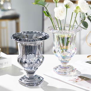 轻奢罗马高脚杯玻璃花瓶透明水养鲜花酒店客厅餐桌插花瓶装饰摆件