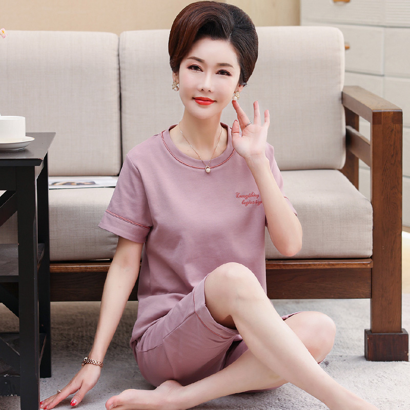 老年人女中年妈妈睡衣夏天短袖七分裤可外穿家居套装夏款女款纯棉