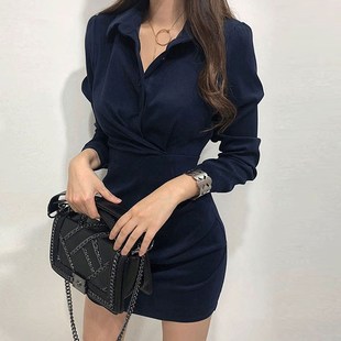 包臀连衣裙短裙 韩系chic秋季 优雅气质POLO领压褶设计感长袖 衬衫 式