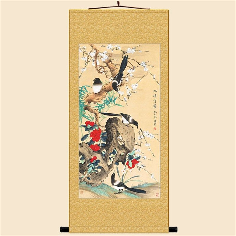 四时有喜图 梅花竹子喜鹊花鸟卷轴挂画 中式书房客厅装饰画绢布画