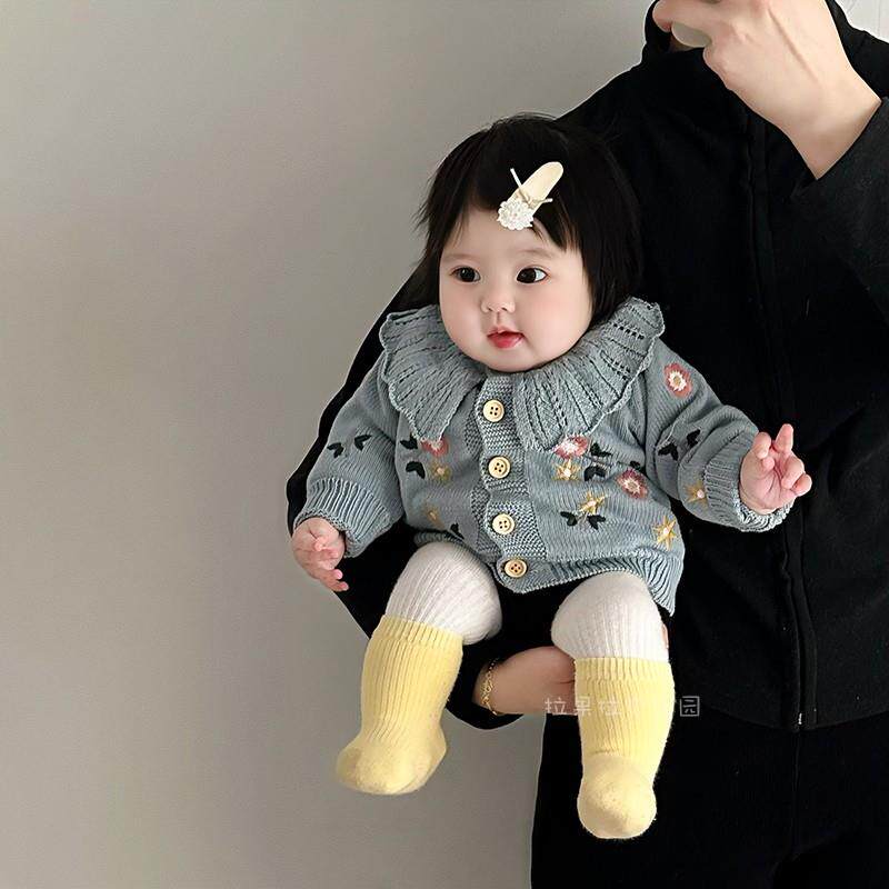 婴儿2026秋季新款针织衫毛衣花边领公主棉线外套甜美绣花开衫上衣