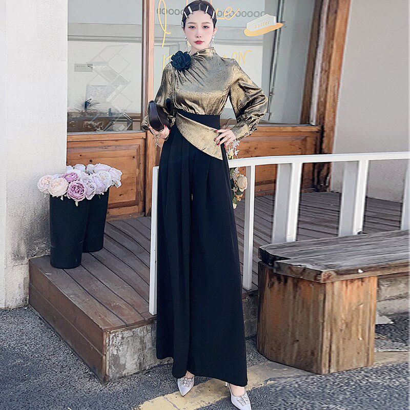 灯笼袖气质修身上衣早春穿搭高腰阔腿长裤高级套装2024新款两件套