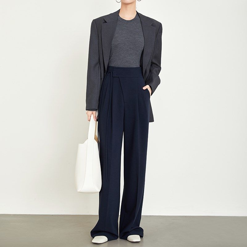 夏莫卡藏蓝色西装裤女新中式绑带裤子垂感显瘦直筒阔腿裤加长6491