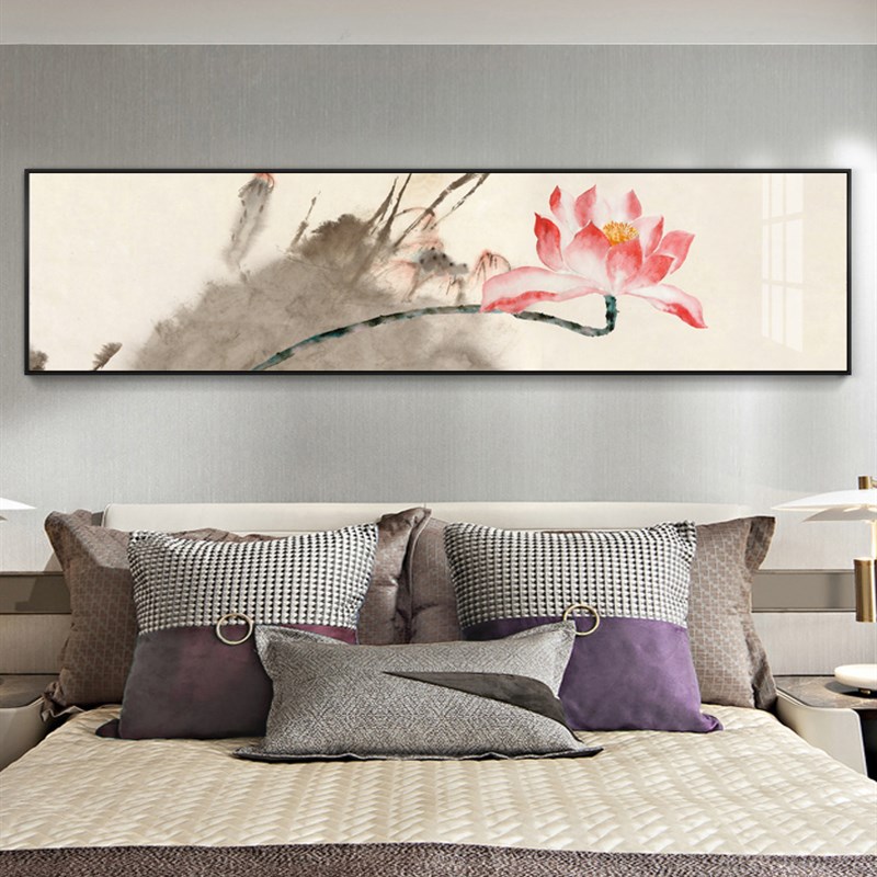卧室床头新中式装饰画客厅沙发背景墙荷花禅意壁画晶瓷铝合金挂画图片