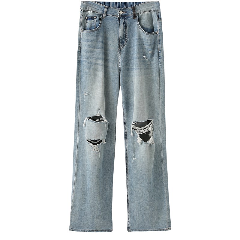 夏季薄款直筒牛仔裤女大码胖mm高腰显瘦窄版休闲阔腿破洞拖地长裤