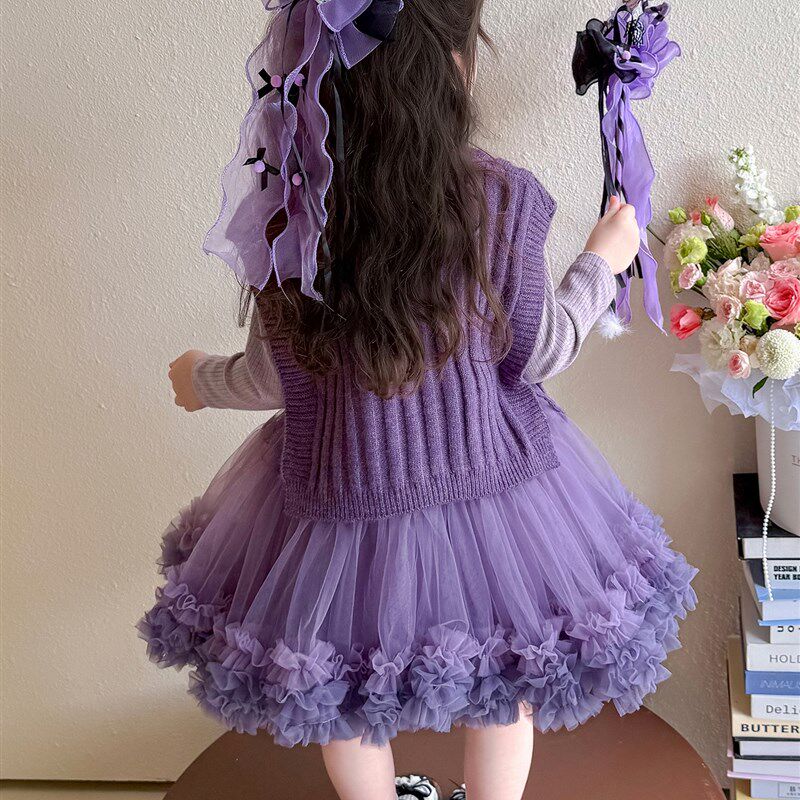 小女孩长袖连衣裙套装宝宝卡通针织马甲两件套甜美女童好看衣服秋