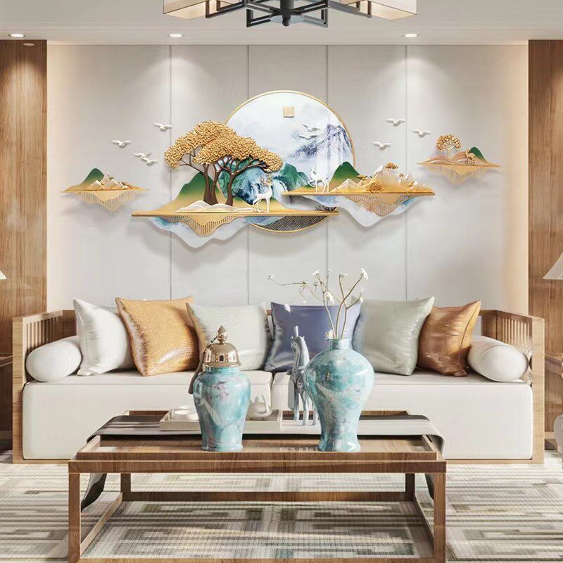 新中式圆形客厅装饰画沙发背景墙浮雕氛围发光餐厅立体山水壁挂画