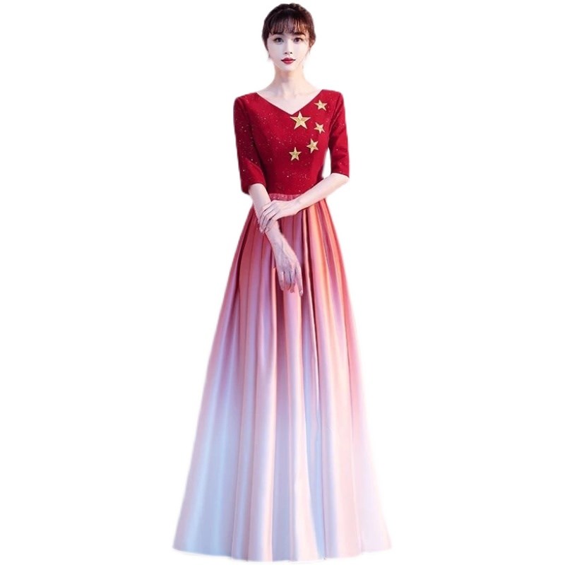 大合唱团演出服女长裙红歌比赛服装红色爱国朗诵指挥主持人晚礼服