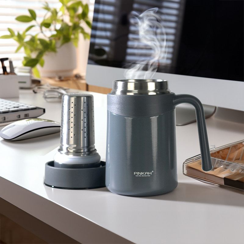 品家家品茶水分离办公室男士保温杯泡茶杯带把手柄316L水杯商务杯