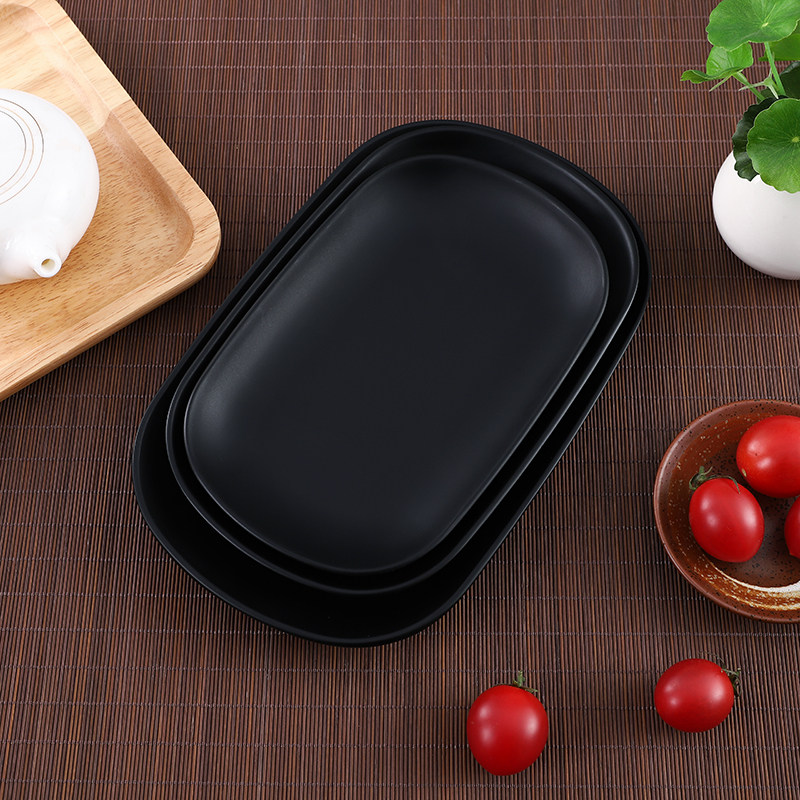 密胺仿瓷餐具肠粉盘子火锅生菜烤肉大盘子长方碟黑色磨砂烧烤碟子