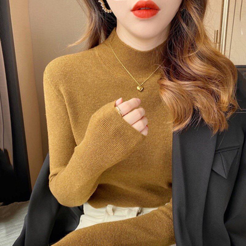 初春装针织半高领内搭打底衫女装秋冬毛衣新款大码长袖t恤女上衣