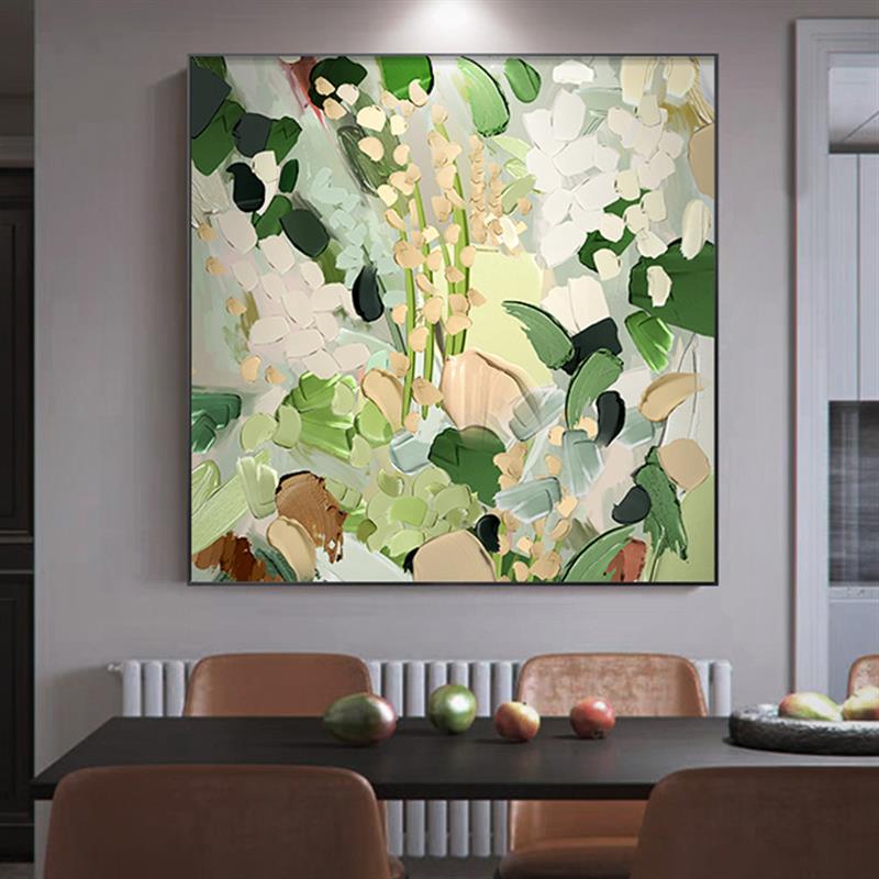 大芬村纯手绘油画北欧抽象花卉奶油风客厅装饰画方形餐厅卧室挂画