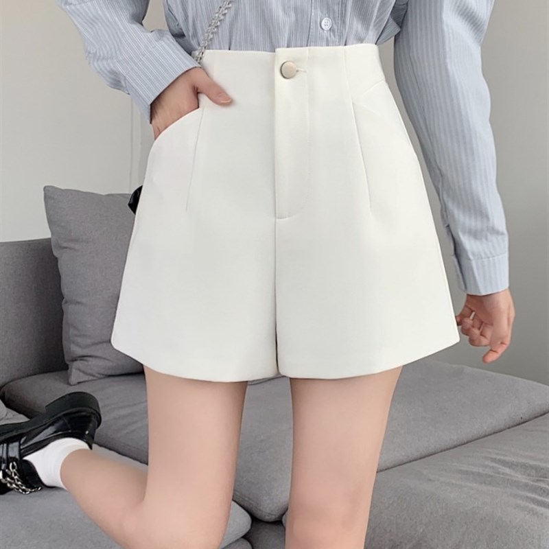 西装短裤春夏阔腿裤女胖mm白色外穿黑色咖色小个子遮肚显瘦休闲裤