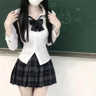 特大码 女装 微胖MM200斤遮肚JK制服裙白色收腰衬衫 辣妹两件套装