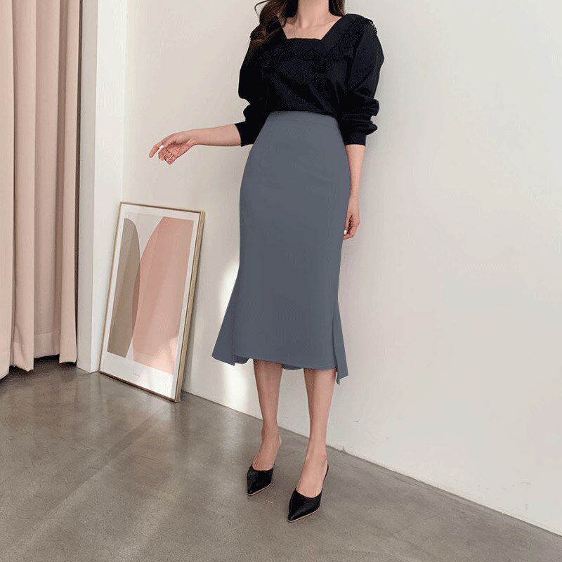 鱼尾裙女设计感a字裙中长款夏季高腰西装开叉衩包臀荷叶边半身裙