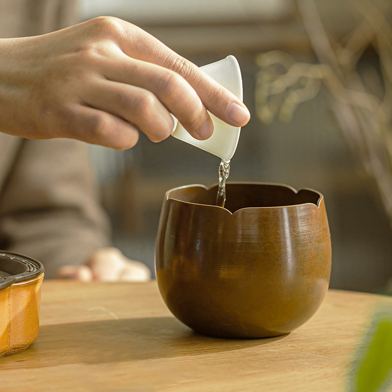 日式葵口复古铜建水水盂茶洗废水茶缸水洗笔洗茶渣缸功夫茶具配件