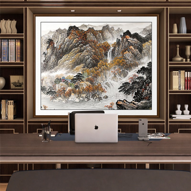 办公室山水画挂画背景墙壁画国画工笔水墨画流水生财靠山图装饰画