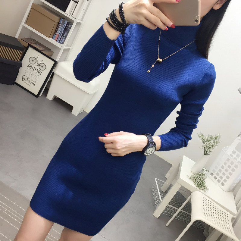 高领毛衣女套头秋冬长袖修身针织连衣裙长款紧身黑色中长款打底衫