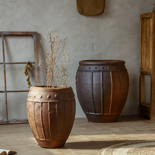 侘寂装饰陶罐花盆土色陶盆桶形花器民宿陶器乡村土器田园陶缸高盆