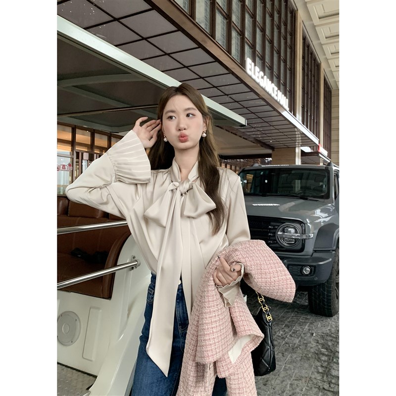 XXNING 法式优雅气质风琴袖温柔飘带衬衫女2025新款名媛精致上衣