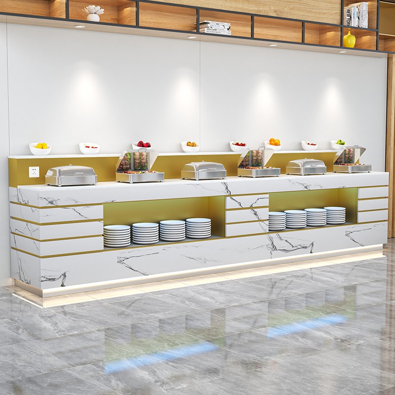 高端餐厅单位食堂自助餐台酒店取餐台布菲炉台甜点凉菜台木纹色柜
