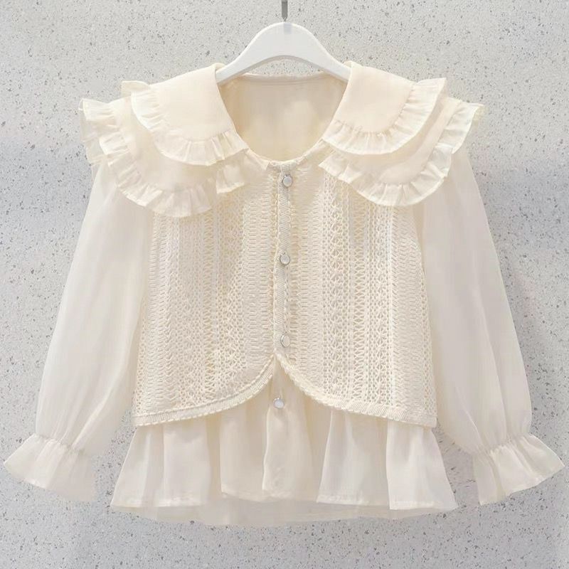 女童喇叭牛仔裤套装春秋夏2025新款儿童装假两件娃娃领衬衫两件套