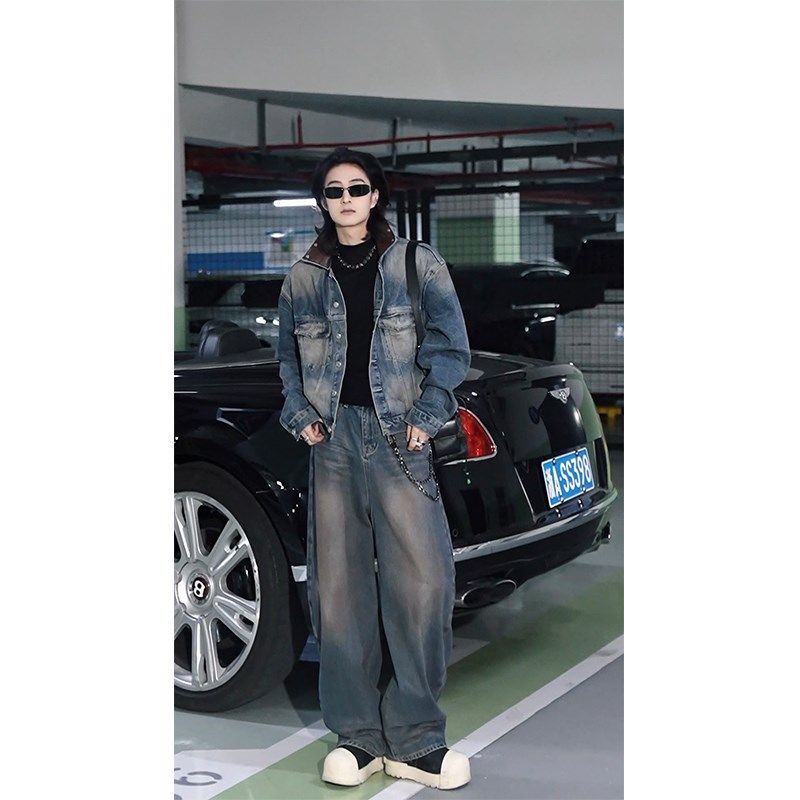 龙叨叨25新款翻领拼接牛仔外套男短款夹克男士阔腿宽松弯刀牛仔裤,男装,时尚套装,淘宝优惠券,粉丝福利购,淘宝优惠卷